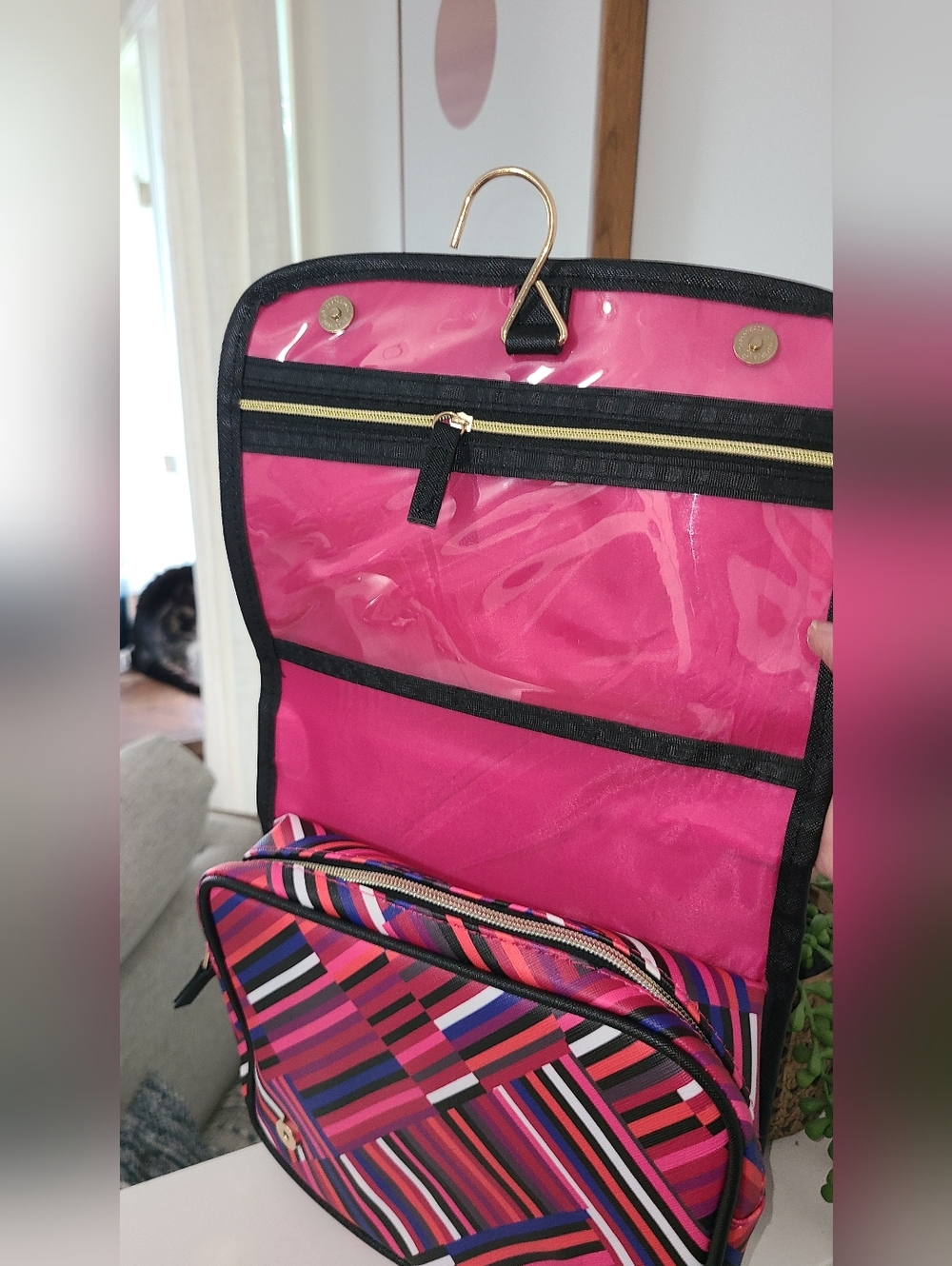 Trina Turk Striped Pink Multi Travel Cosmetic Case with Handle - Picture 3 of 10